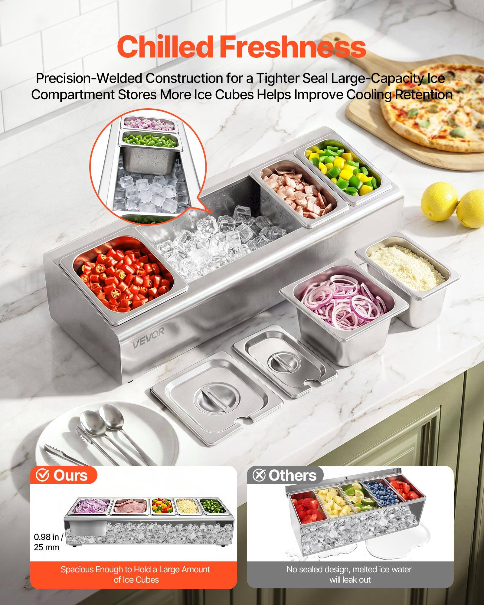 Chilled Freshness  
Precision-Welded Construction for a Tighter Seal  
Large-Capacity Ice Compartment Stores More Ice Cubes  
Helps Improve Cooling Retention  

VEVOR  

Ours  
0.98 in / 25 mm  
Spacious Enough to Hold a Large Amount of Ice Cubes  

Others  
No sealed design, melted ice water will leak out