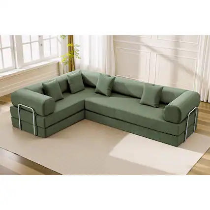 Front. KERDOM - Upholstered L Shaped Modular Sofa Bed with Chaise, Corduroy Folding Floor Convertible Sofa Couch Bed for Living Room - Olive Green.