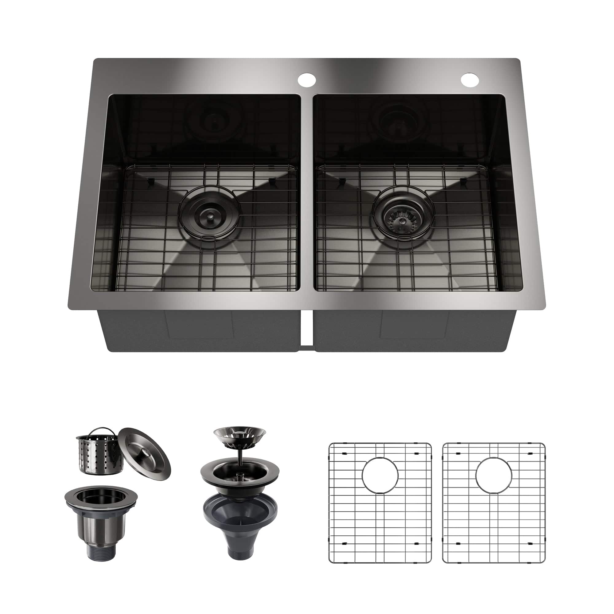 Boyel Living - 33 in. Drop-In Double Bowl 18-Gauge Stainless Steel Kitchen Sink with Bottom Grids and Strainer Basket - Gray