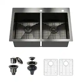 Boyel Living - 33 in. Drop-In Double Bowl 18-Gauge Stainless Steel Kitchen Sink with Bottom Grids and Strainer Basket - Gray