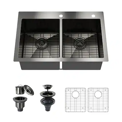 Front. Boyel Living - 33 in. Drop-In Double Bowl 18-Gauge Stainless Steel Kitchen Sink with Bottom Grids and Strainer Basket - Gray.