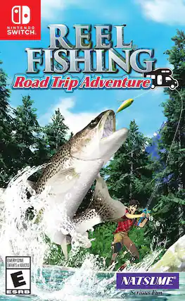 Sure, here is the corrected and grouped text from the image:
---
**Nintendo Switch**
**REEL FISHING Road Trip Adventure**
**NATSUME Serious Fun**
**EVERYONE ENFANTS et ADULTES**
**E ESRB**
--- - E (Everyone)