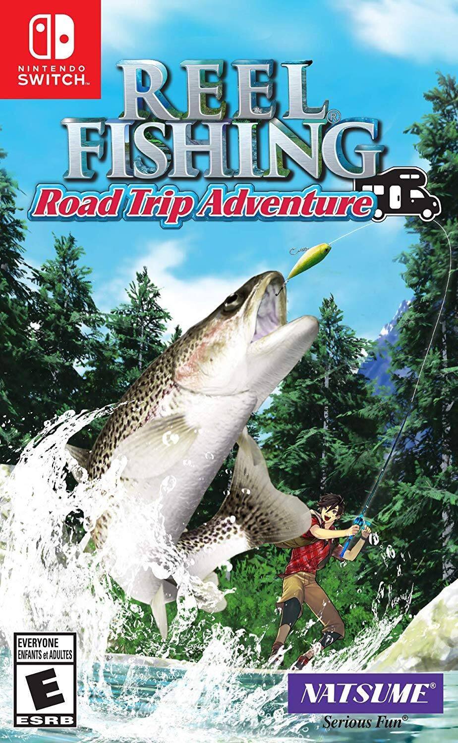 Sure, here is the corrected and grouped text from the image:

---

**Nintendo Switch**

**REEL FISHING Road Trip Adventure**

**NATSUME Serious Fun**

**EVERYONE ENFANTS et ADULTES**

**E ESRB**

--- - E (Everyone)