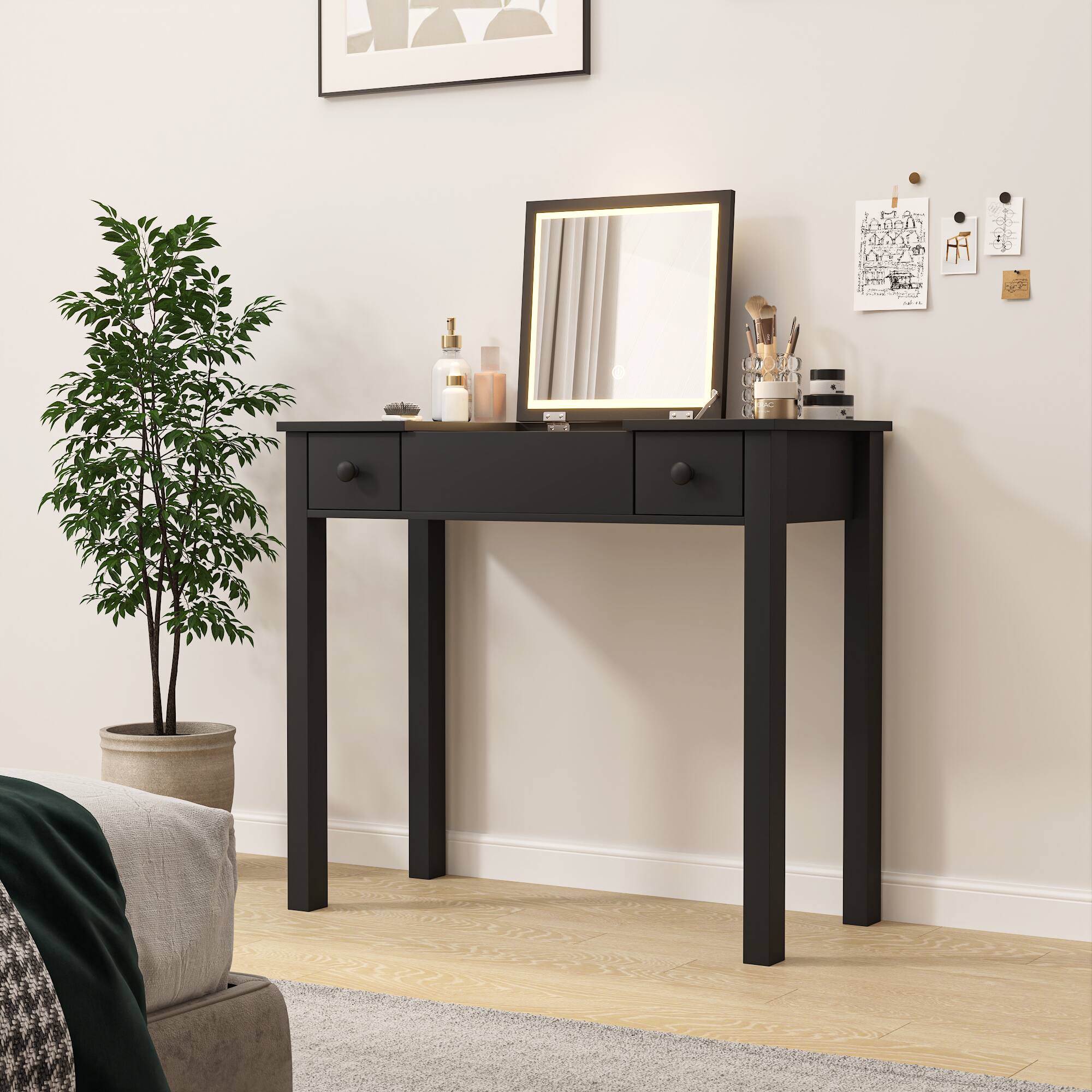 Alt View 9. Ecooso - Multifunctional Makeup Vanity Desk with Flip-top Mirror, Adjustable Lighting, Drawers and Organizer Boxes for Bedroom - Black.