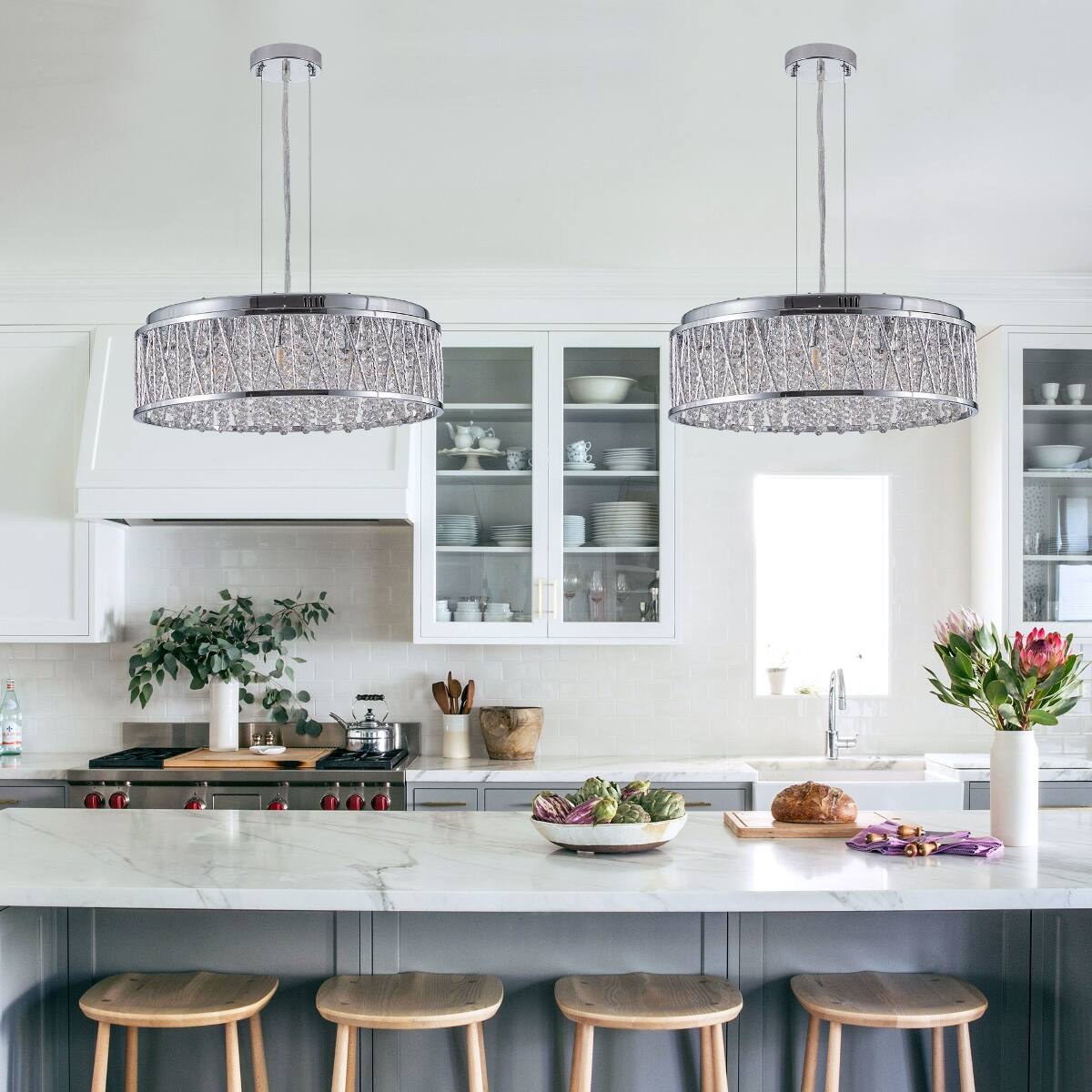 Alt View 1. Loheer - Loheer 19 inch modern crystal chandelier, chrome finish round flush mount ceiling light for dining room and kitchen.