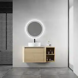 Loheer - 42 inch wall mounted bathroom vanity with ceramic art sink, modern floating vanity with storage shelves - American White Oak