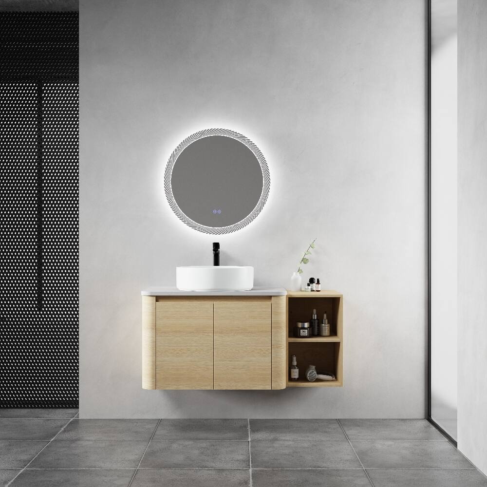 Front. Loheer - 42 inch wall mounted bathroom vanity with ceramic art sink, modern floating vanity with storage shelves - American White Oak.