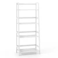 Costway - Multifunctional 4 Shelf Bamboo Bookcase Ladder Plant Flower Stand Rack Storage - White - Front_Zoom
