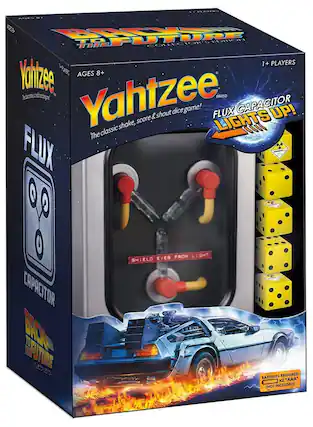 Back to the Future Collector's Edition
Yahtzee
The classic shake, score & shout dice game!
Flux Capacitor Lights Up!
Batteries Required: 2 "AA" (Not Included)
1+ Players
Ages 8+