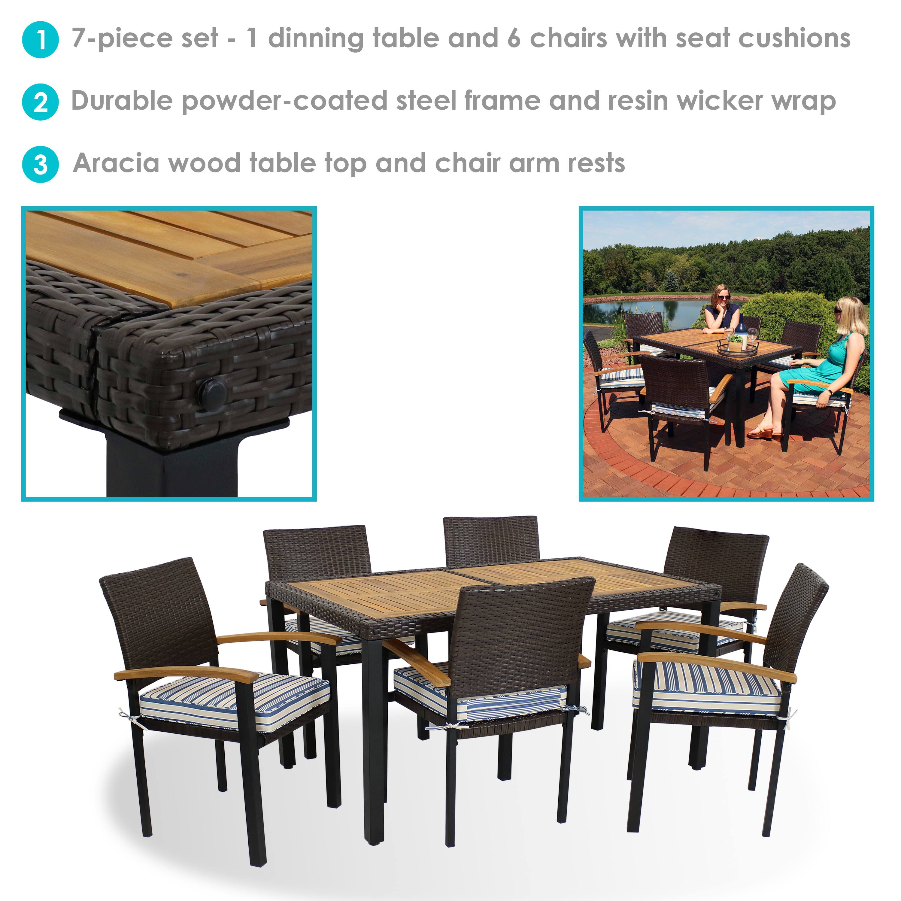 1. 7-piece set - 1 dining table and 6 chairs with seat cushions  
2. Durable powder-coated steel frame and resin wicker wrap  
3. Aracia wood table top and chair arm rests