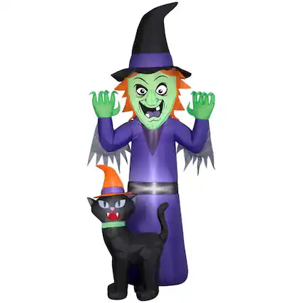 Front. Gemmy - Gemmy Airblown 9 ft. LED Prelit Witch and Cat Inflatable - Multicolored.