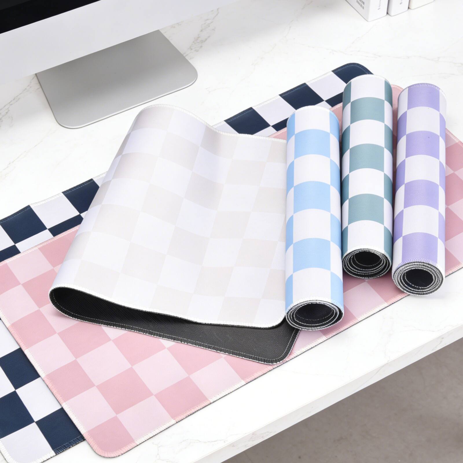 Alt View 3. Unique Bargains - Checkered Desk Mat, 35.4x15.7 Inch Mouse Pad, Non-Slip Rubber, Stitched Edges, Soft, for Computer/Laptop - Pink/White.