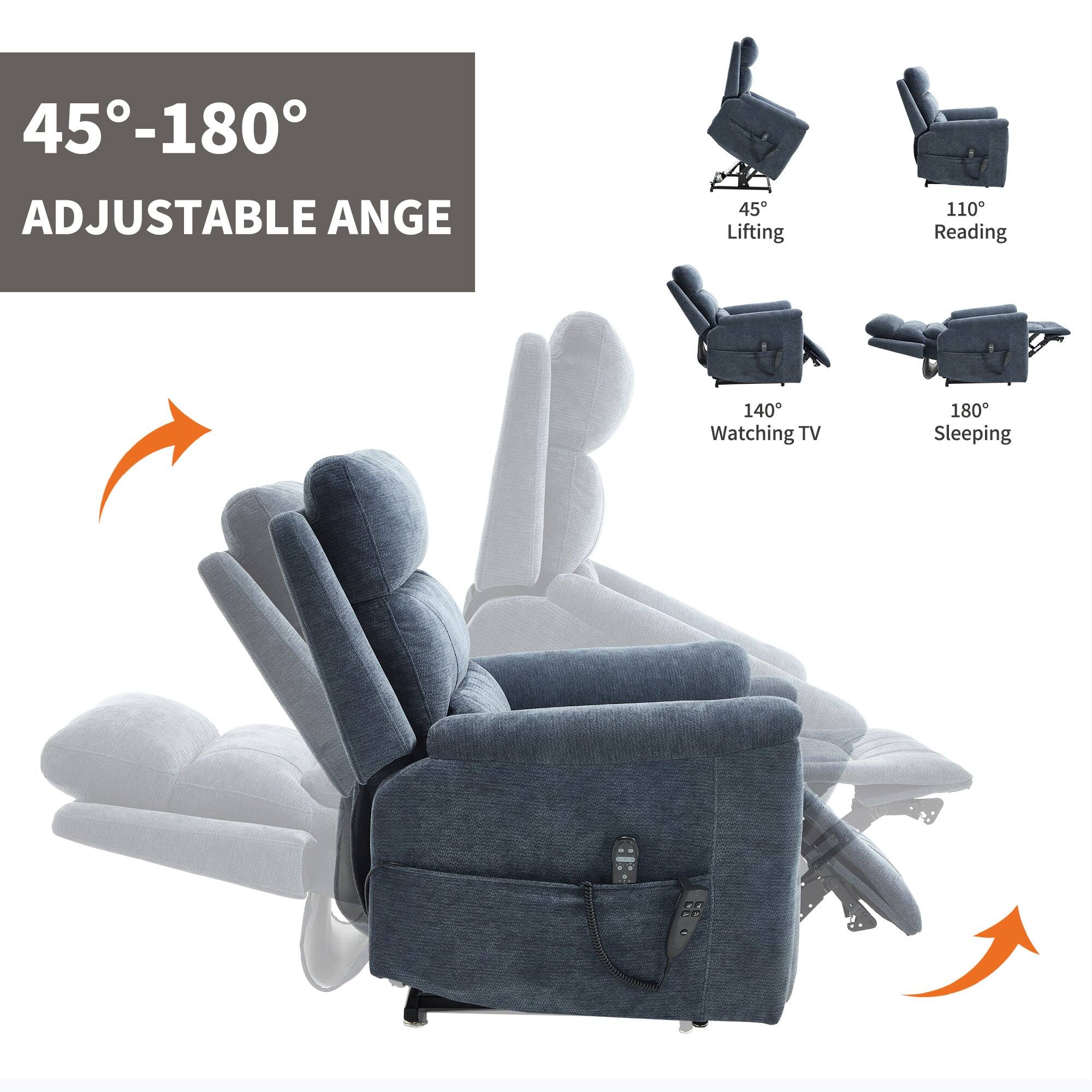 45°-180°  
ADJUSTABLE ANGLE  

45° Lifting  
110° Reading  
140° Watching TV  
180° Sleeping