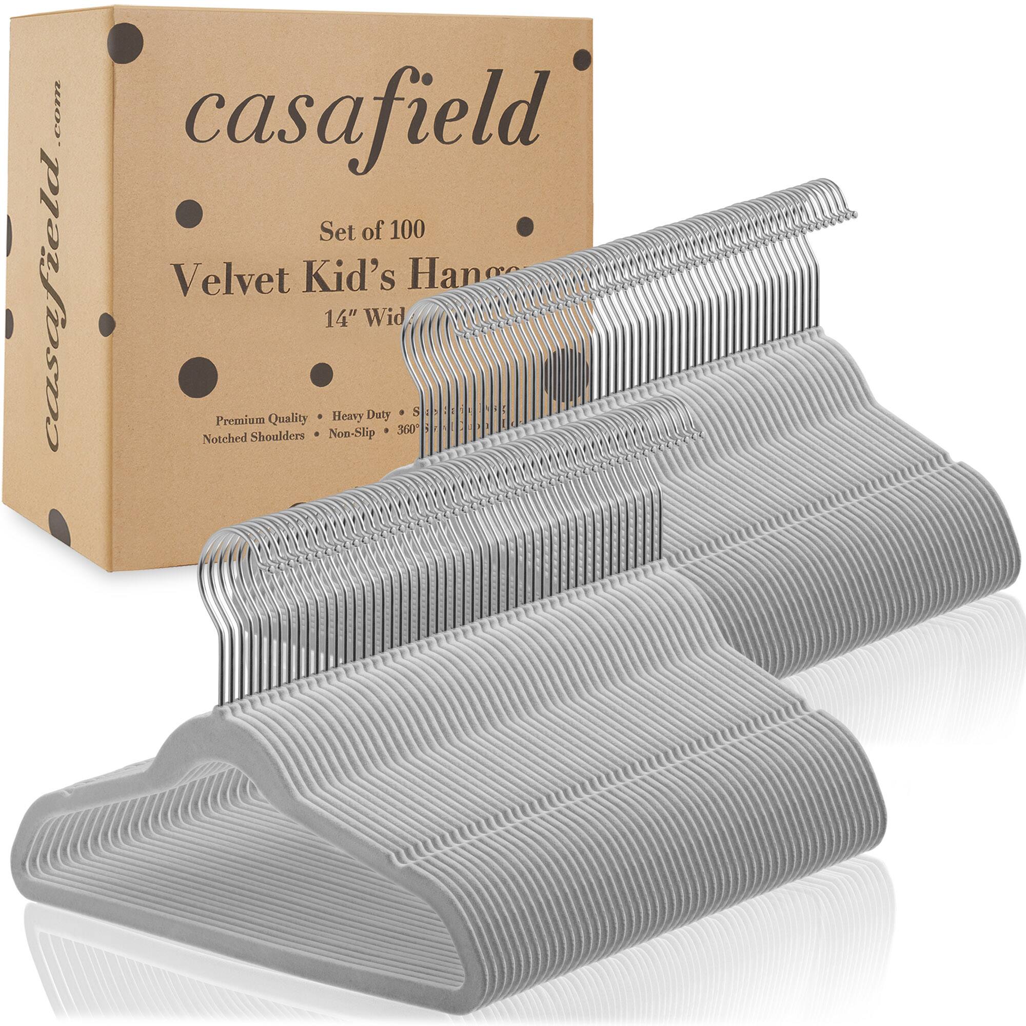 casafield.com  
casafield  
Set of 100  
Velvet Kid's Hanger  
14" Wide  

Premium Quality • Heavy Duty • Notched Shoulders • Non-Slip • 360°