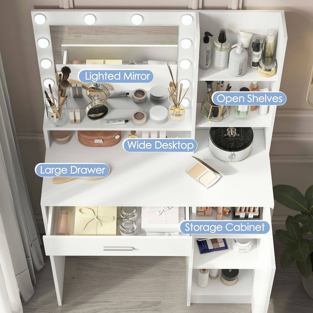 - Lighted Mirror
- Wide Desktop
- Large Drawer
- Open Shelves
- Storage Cabinet