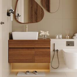 Loheer - 31.5 inch floating bathroom vanity Walnut and White Single Sink Vanity with Vessel Ceramic Sink - White, Walnut