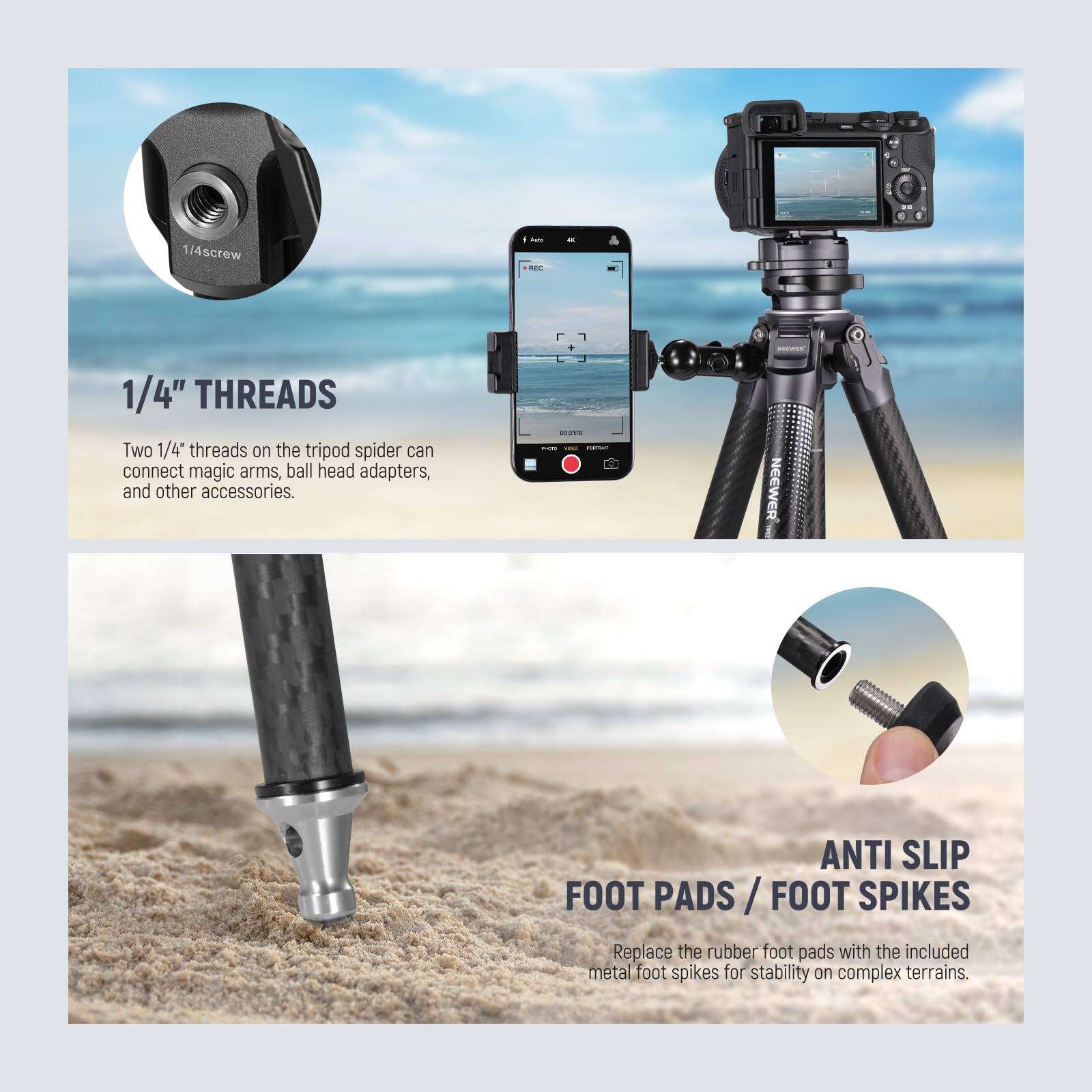 1/4" THREADS  
Two 1/4" threads on the tripod spider can connect magic arms, ball head adapters, and other accessories.

NEEWER ANTI SLIP FOOT PADS / FOOT SPIKES  
Replace the rubber foot pads with the included metal foot spikes for stability on complex terrains.