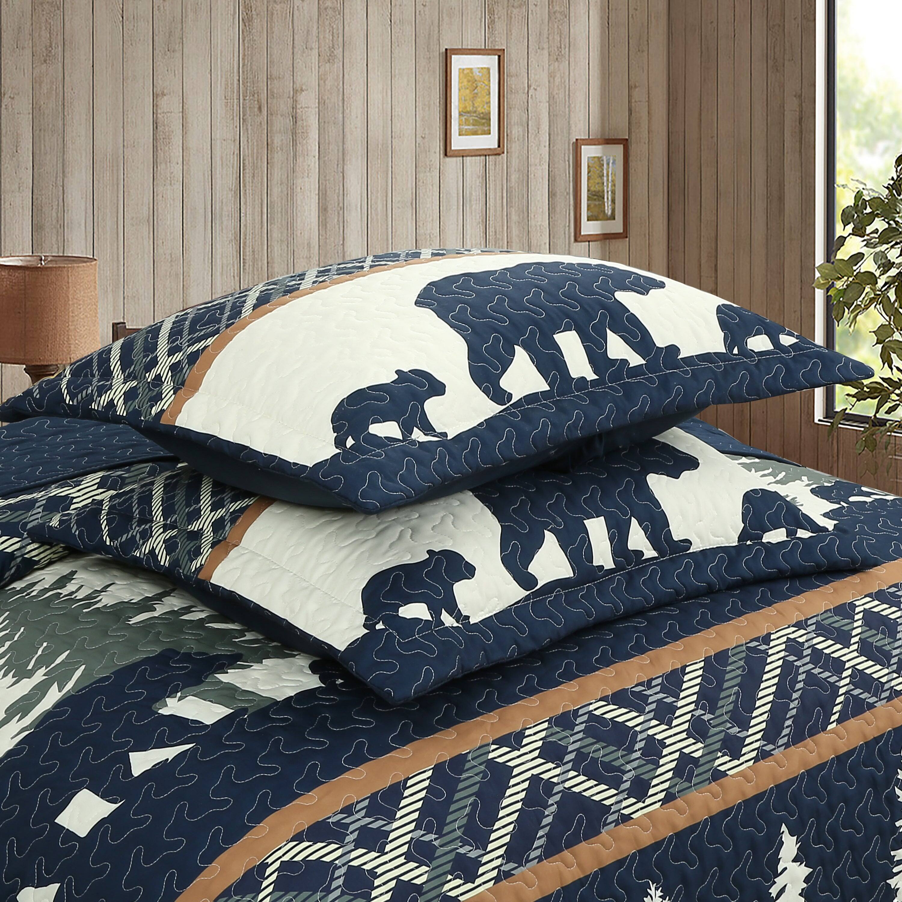 Back. MarCielo - Marcielo 3 Pcs Cabin Lodge Rustic Country Bear Quilt Bedspread Set - Navy blue bear.