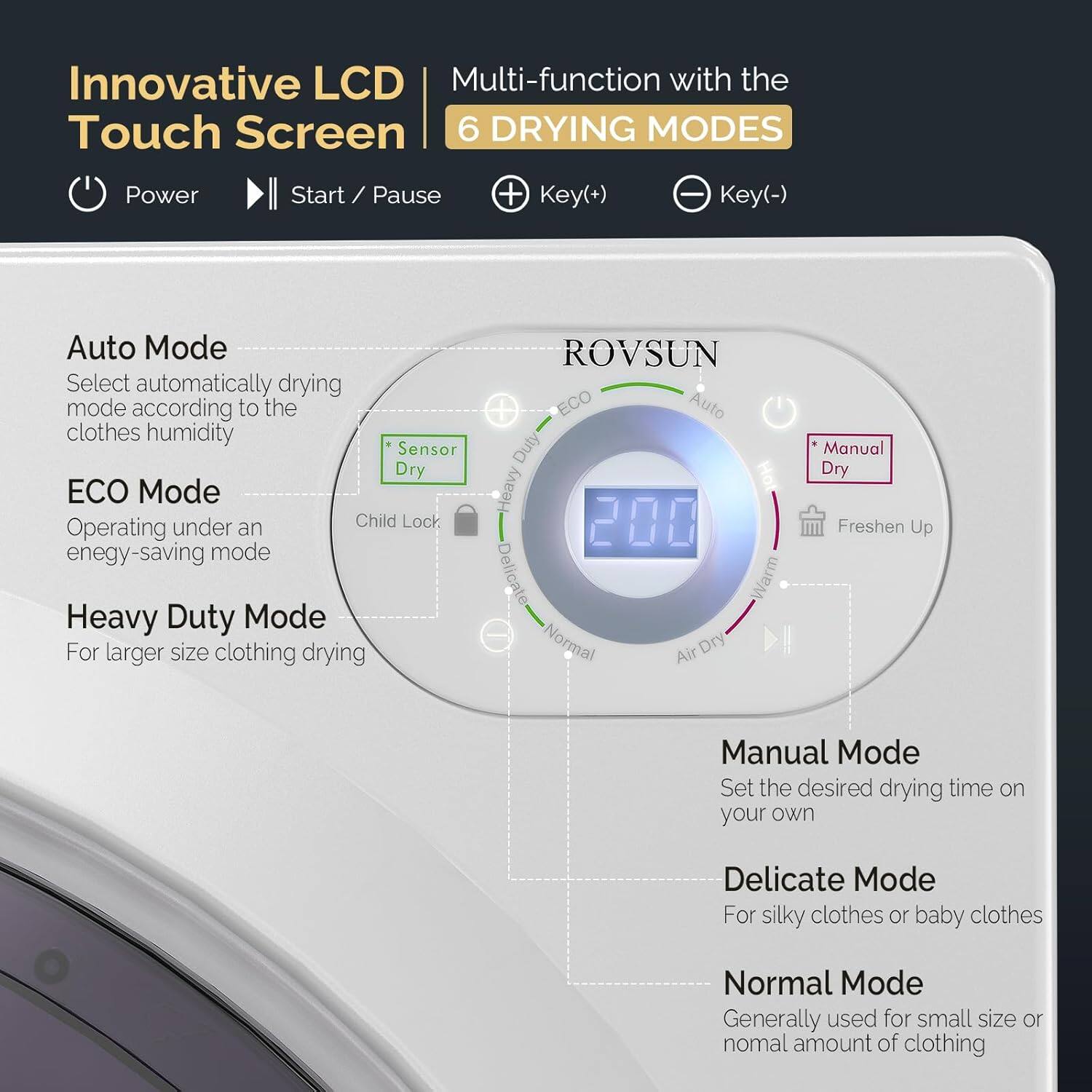 Innovative LCD Multi-function with the Touch Screen

6 DRYING MODES

- Power Start / Pause
- Key(+)
- Key(-)
- Auto Mode: Select automatically drying mode according to the clothes humidity
- ECO Mode: Operating under an energy-saving mode
- Heavy Duty Mode: For larger size clothing drying
- ROVSUN
- ECO
- Auto
- Heavy
- Delicate
- Warm
- Normal
- Air Dry
- Manual Dry
- Freshen Up
- Manual Mode: Set the desired drying time on your own
- Delicate Mode: For silky clothes or baby clothes
- Normal Mode: Generally used for small size or normal amount of clothing