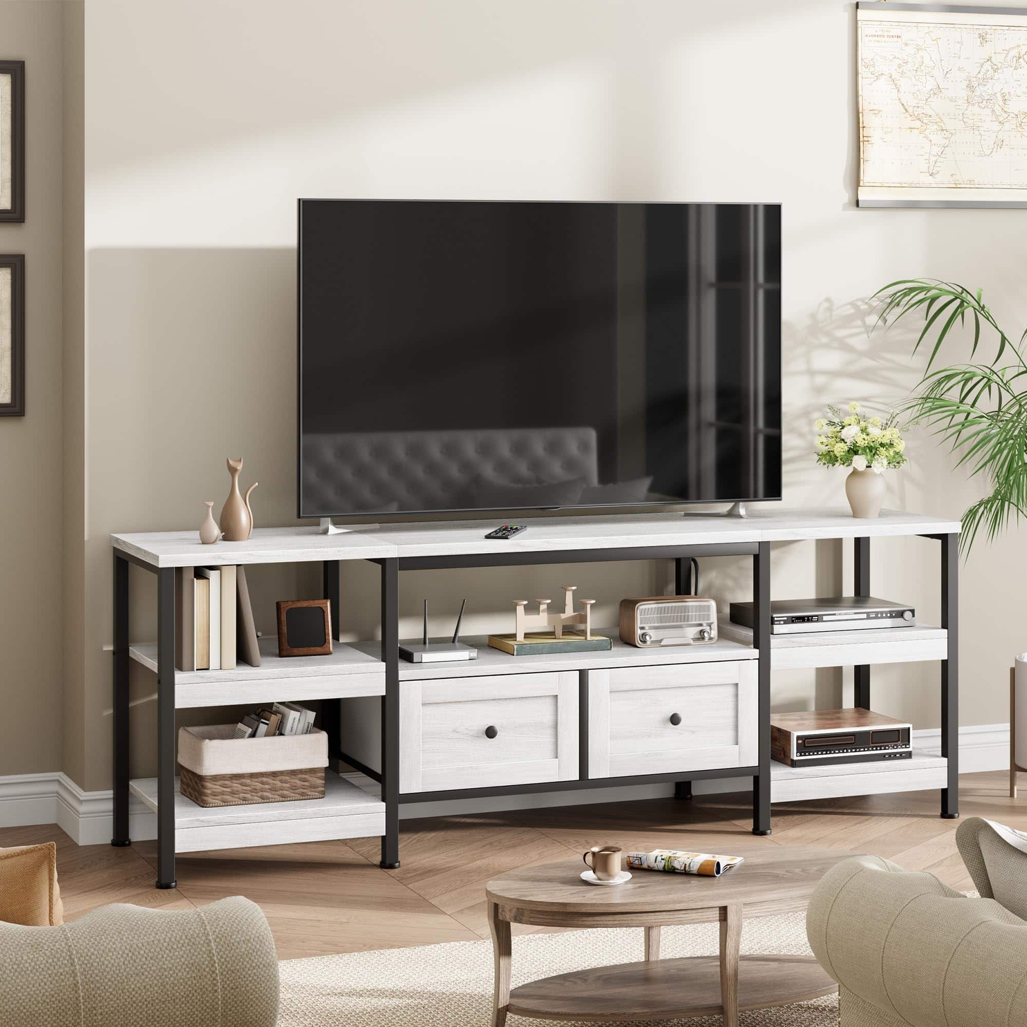 Jojoka - 79" TV Stand for 85 Inch TVs, Industrial Entertainment Center with 2 Drawers, Open Shelves & Metal Frame - White