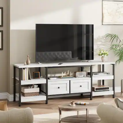 Front. Qeetex - 79" TV Stand for 85 Inch TVs, Industrial Entertainment Center with 2 Drawers, Open Shelves & Metal Frame - White.