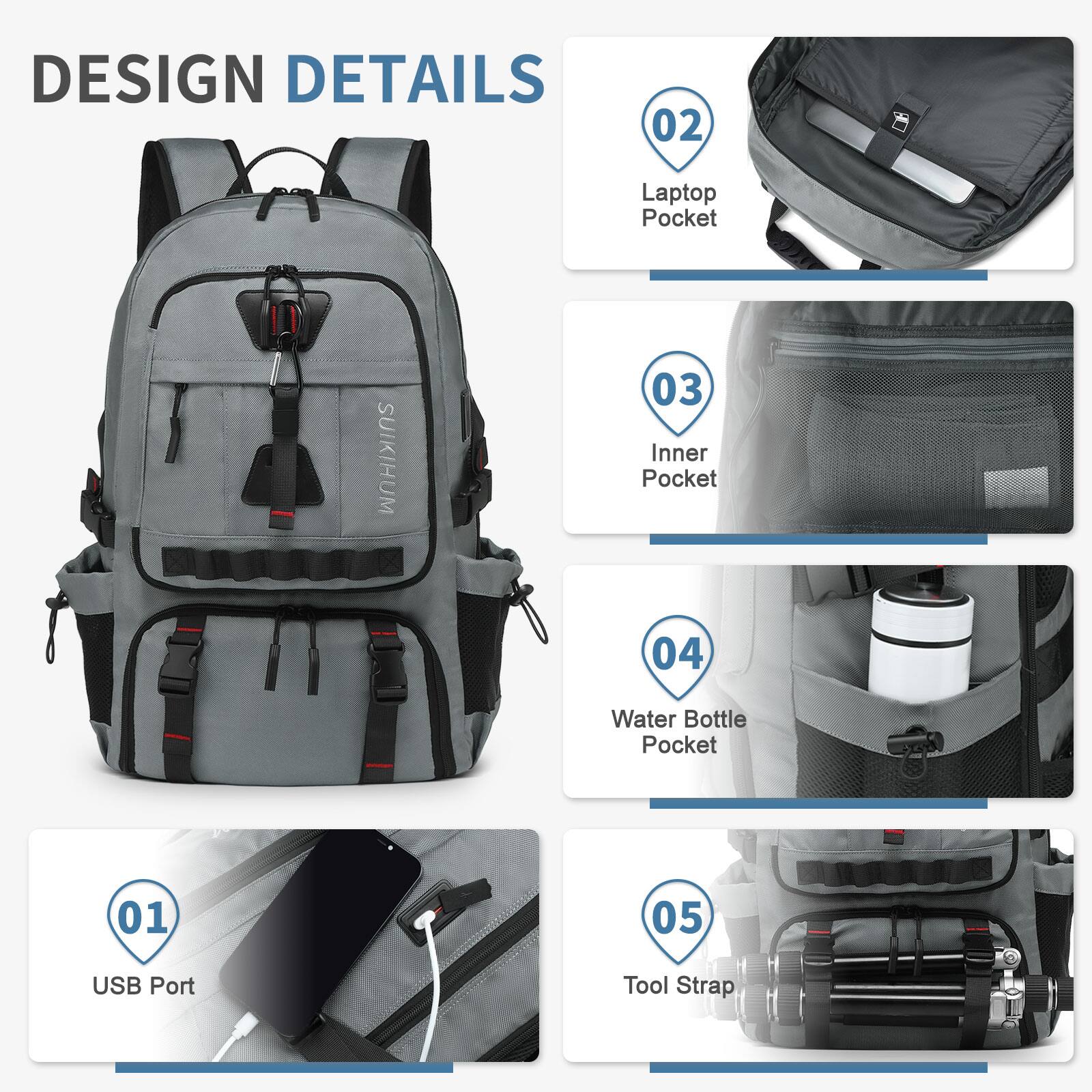 DESIGN DETAILS

01 USB Port

02 Laptop Pocket

03 Inner Pocket

04 Water Bottle Pocket

05 Tool Strap