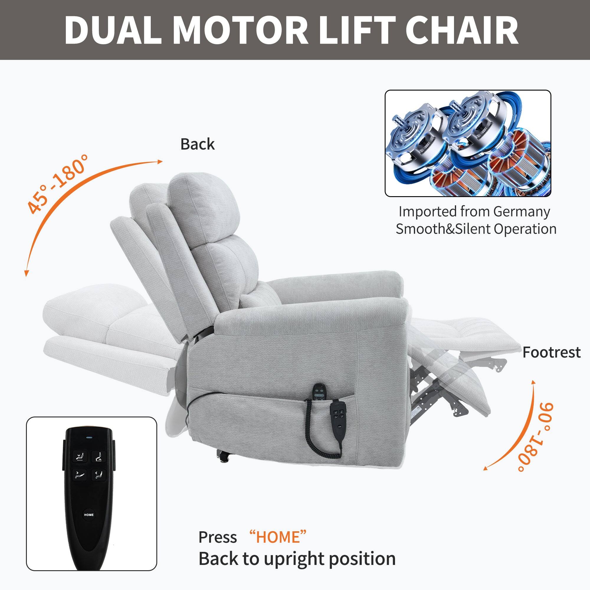 DUAL MOTOR LIFT CHAIR

- Back: 45°-180°
- Footrest: 0°-180°

Imported from Germany
Smooth & Silent Operation

Press "HOME" Back to upright position