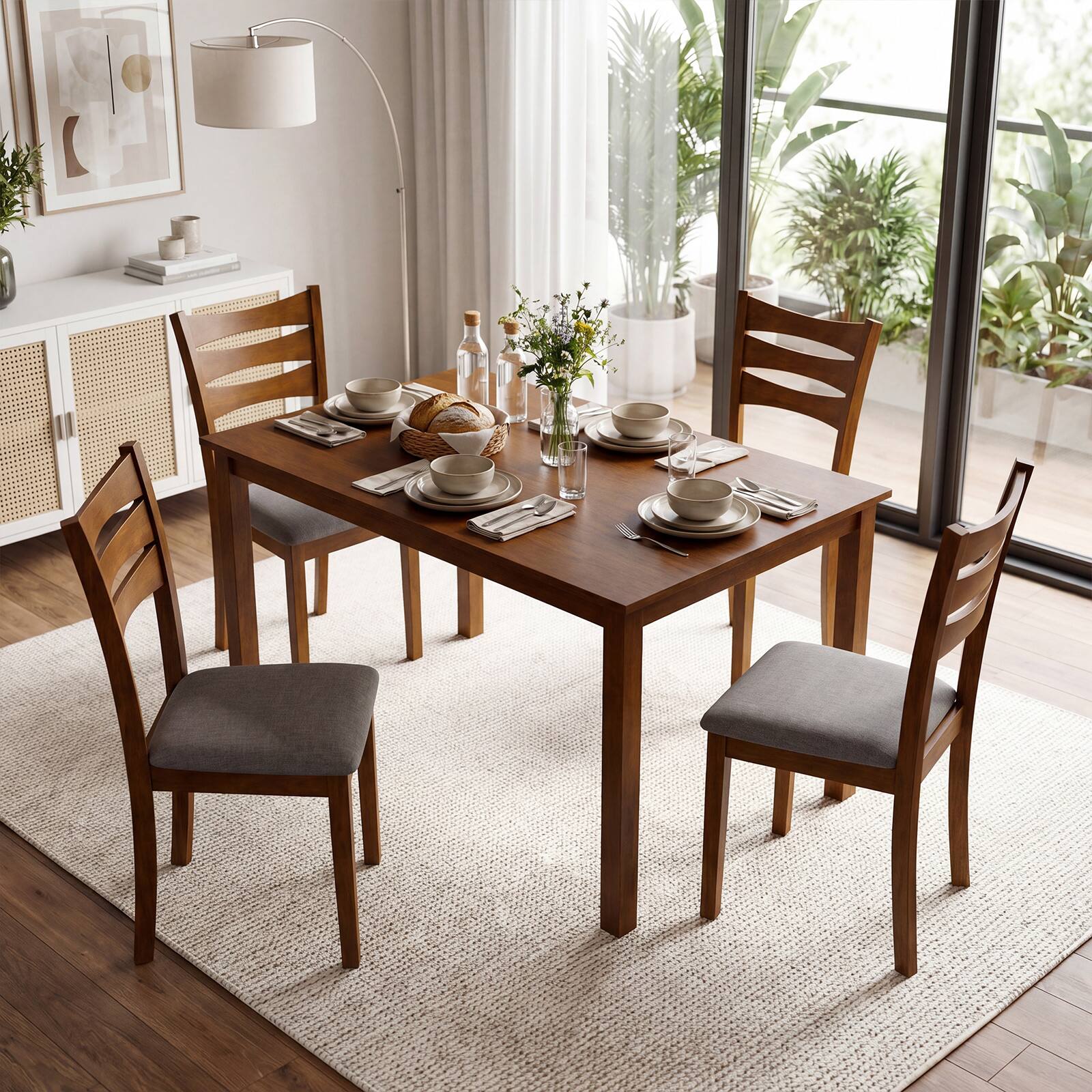 Alt View 1. Gymax - Gymax 5PCS Dining Table Set for 4 w/Linen Fabric Upholstered Chairs Rubber Wood Frame - Brown.