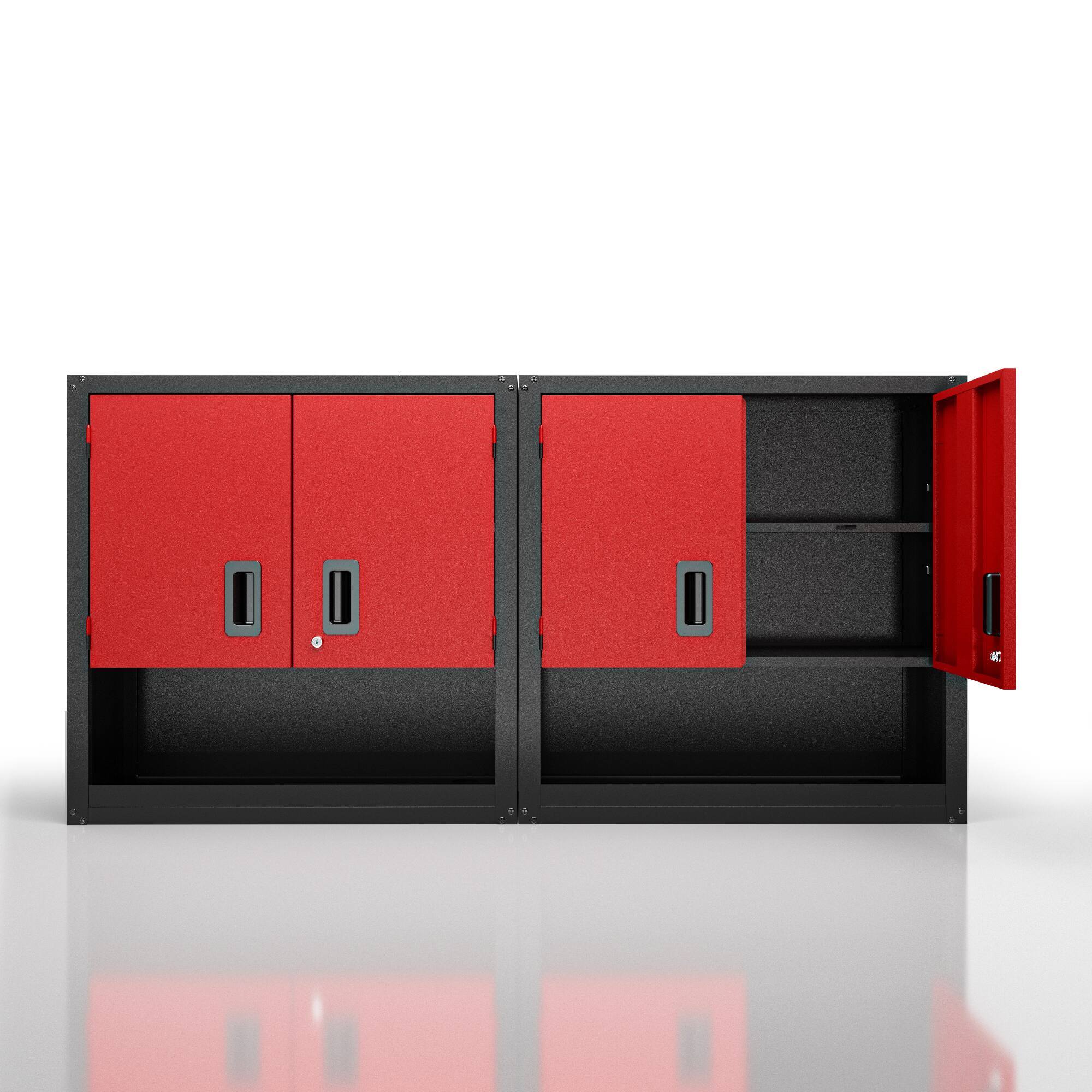 Front. TinyHomie - Set of 2 Garage Wall Metal Cabinet with Locking 3/4 Doors and Adjustable Shelf, Floating Upper Storage Cabinet in Red - Red+Black.