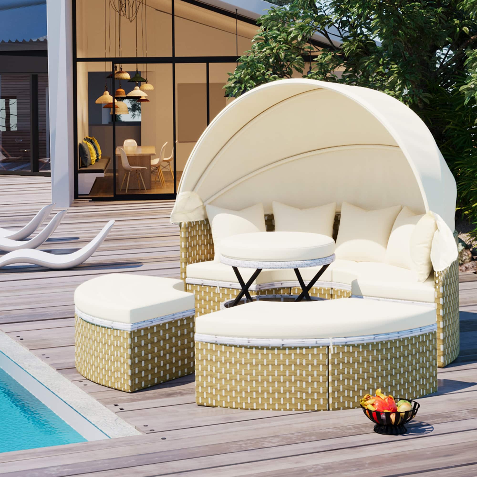 Tiramisubest - Round Patio Sectional Rattan Daybed w/ Retractable Canopy,Two-Tone Weave,Separate Seating and Removable Cushion - Beige