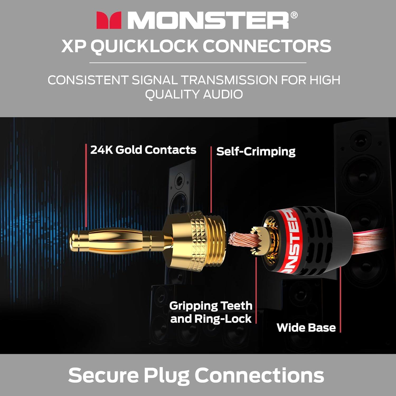 MONSTER XP QUICKLOCK CONNECTORS
CONSISTENT SIGNAL TRANSMISSION FOR HIGH QUALITY AUDIO
24K Gold Contacts
Self-Crimping
Gripping Teeth and Ring-Lock
Wide Base
Secure Plug Connections