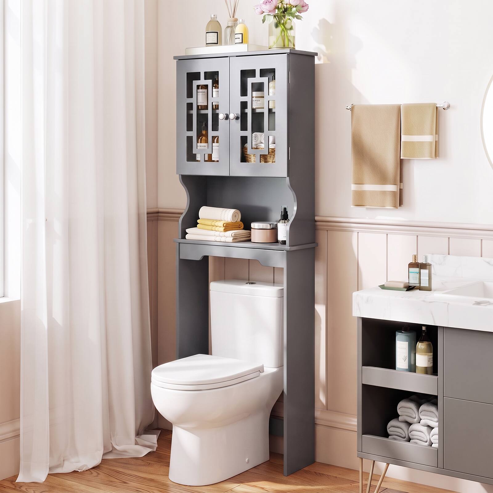 Gymax 67'' Over The Toilet Storage Cabinet w/ Adjustable Shelf Gray ...