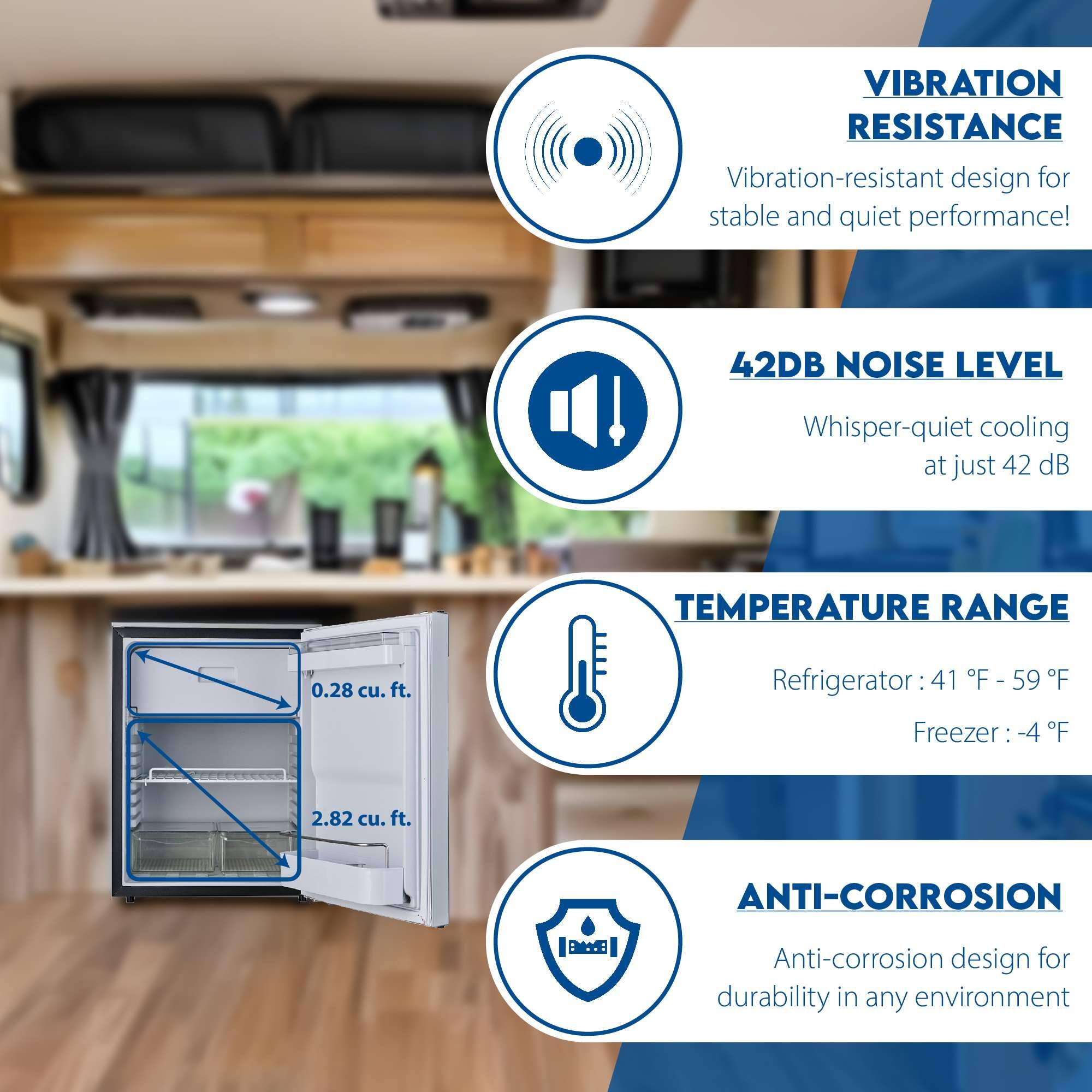 - Vibration Resistance: Vibration-resistant design for stable and quiet performance!
- 42dB Noise Level: Whisper-quiet cooling at just 42 dB
- Temperature Range: Refrigerator: 41°F - 59°F, Freezer: -4°F
- Anti-Corrosion: Anti-corrosion design for durability in any environment