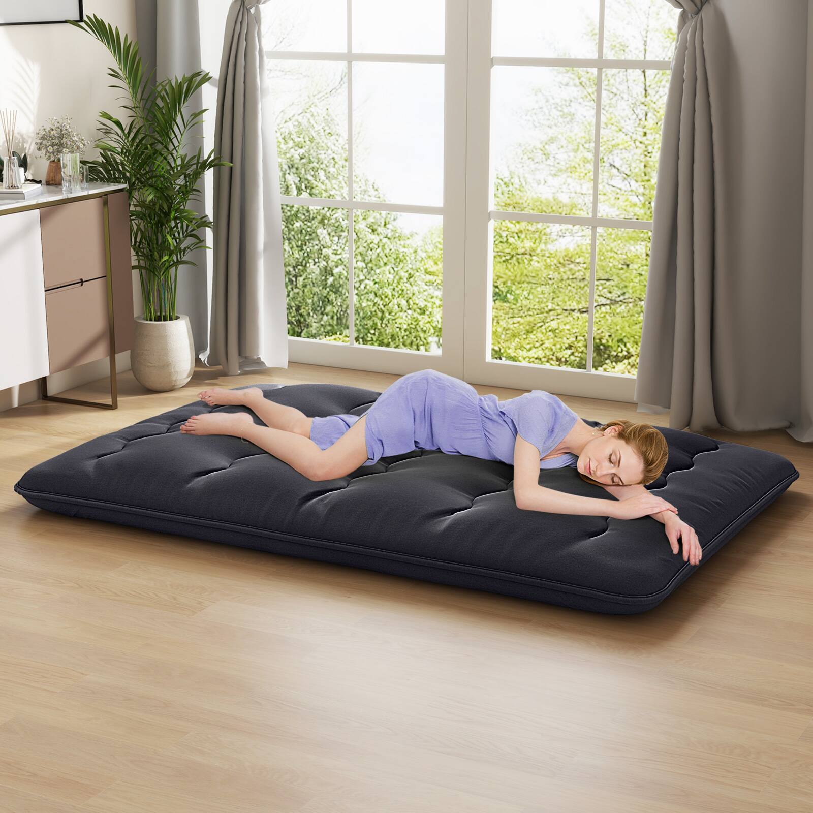 Alt View 3. Costway - Costway Full Futon Mattress Japanese Floor Pad Washable Cover Carry Bag Black - Black.