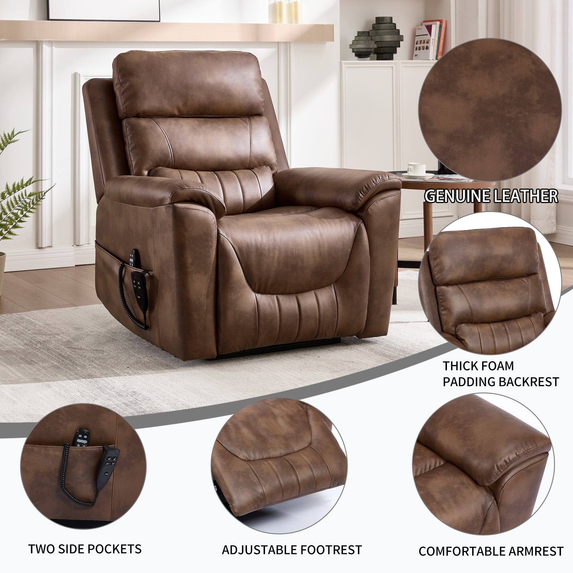 - Genuine Leather
- Thick Foam Padding Backrest
- Two Side Pockets
- Adjustable Footrest
- Comfortable Armrest