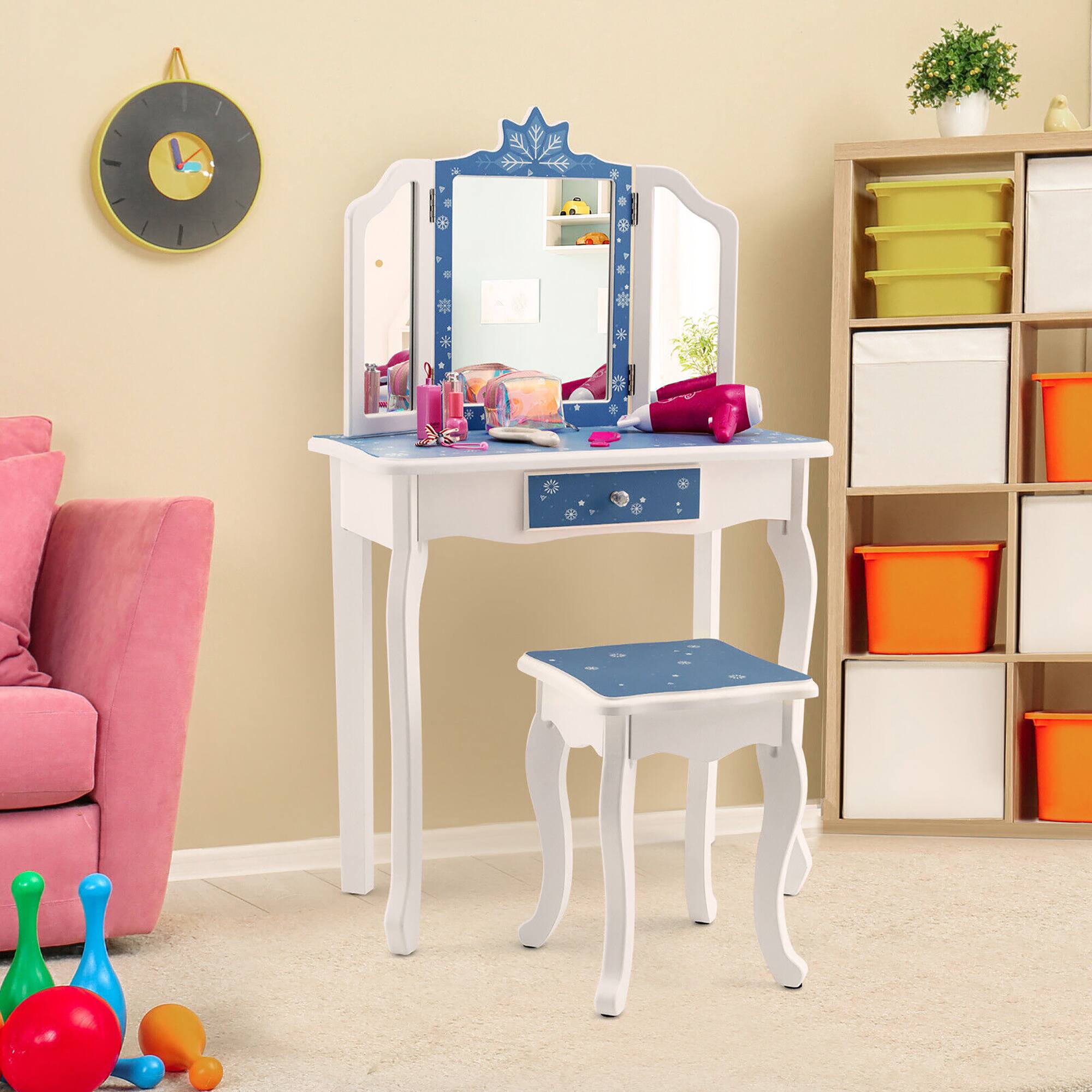 Alt View 2. Gymax - Gymax Kid Vanity Set Wooden Makeup Table Stool Tri-Folding Mirror Snowflake Print Blue - Blue + White.