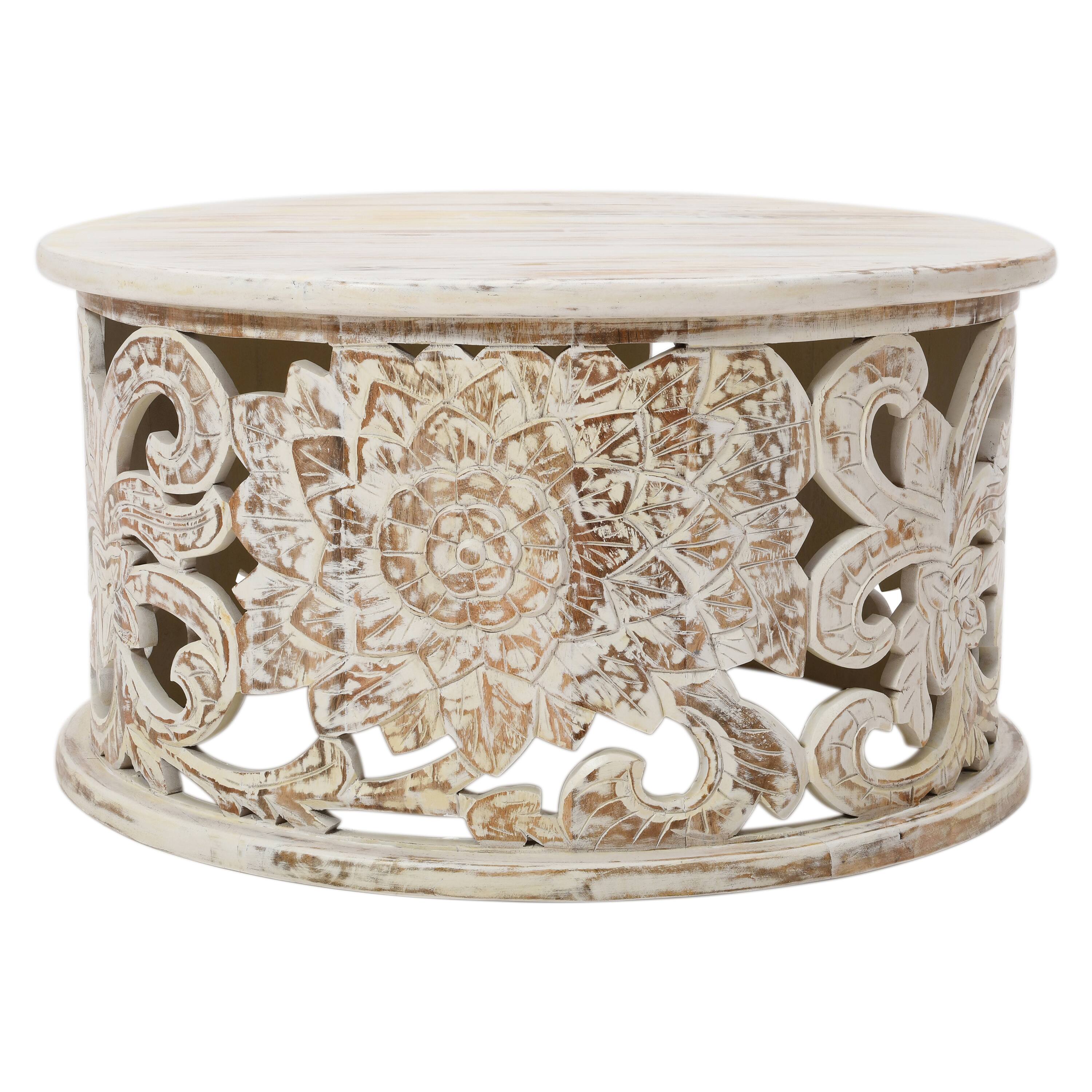 Manhattan Lane - Alina Coffee Table Handcrafted Mango Wood Floral Carved Cut Out Design Distressed Finish 33 Inch - White