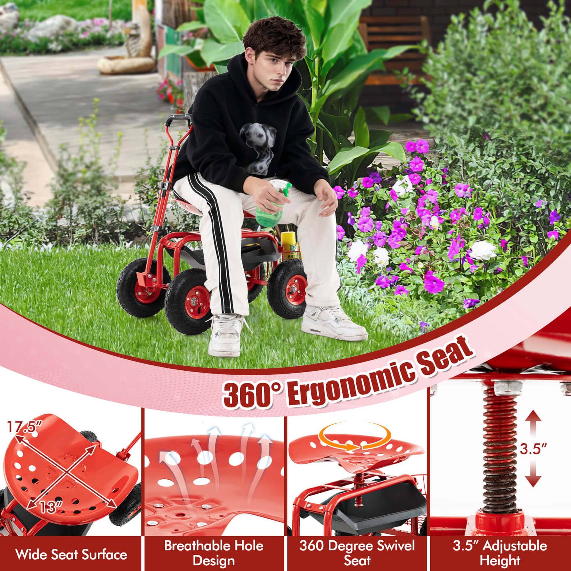 17.5" Seat  
360° Ergonomic Seat  
3.5" Wide Seat Surface  
Breathable Hole Design  
360 Degree Swivel Seat  
3.5" Adjustable Height