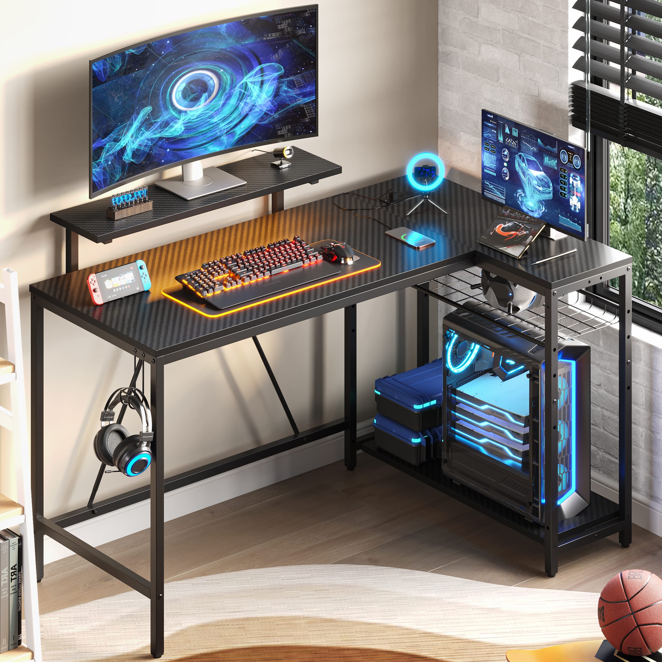 Bestier - 52-inch Computer Gaming Desk with LED Lights,Monitor Stand, Charging Station & Adjustable Storage - Black Carbon Fiber