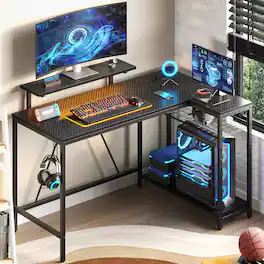 Bestier - L-Shaped Computer Gaming Desk with LED Lights, Power Strip, Monitor Stand, Charging Station & Adjustable Storage - 52" Black Carbon Fiber