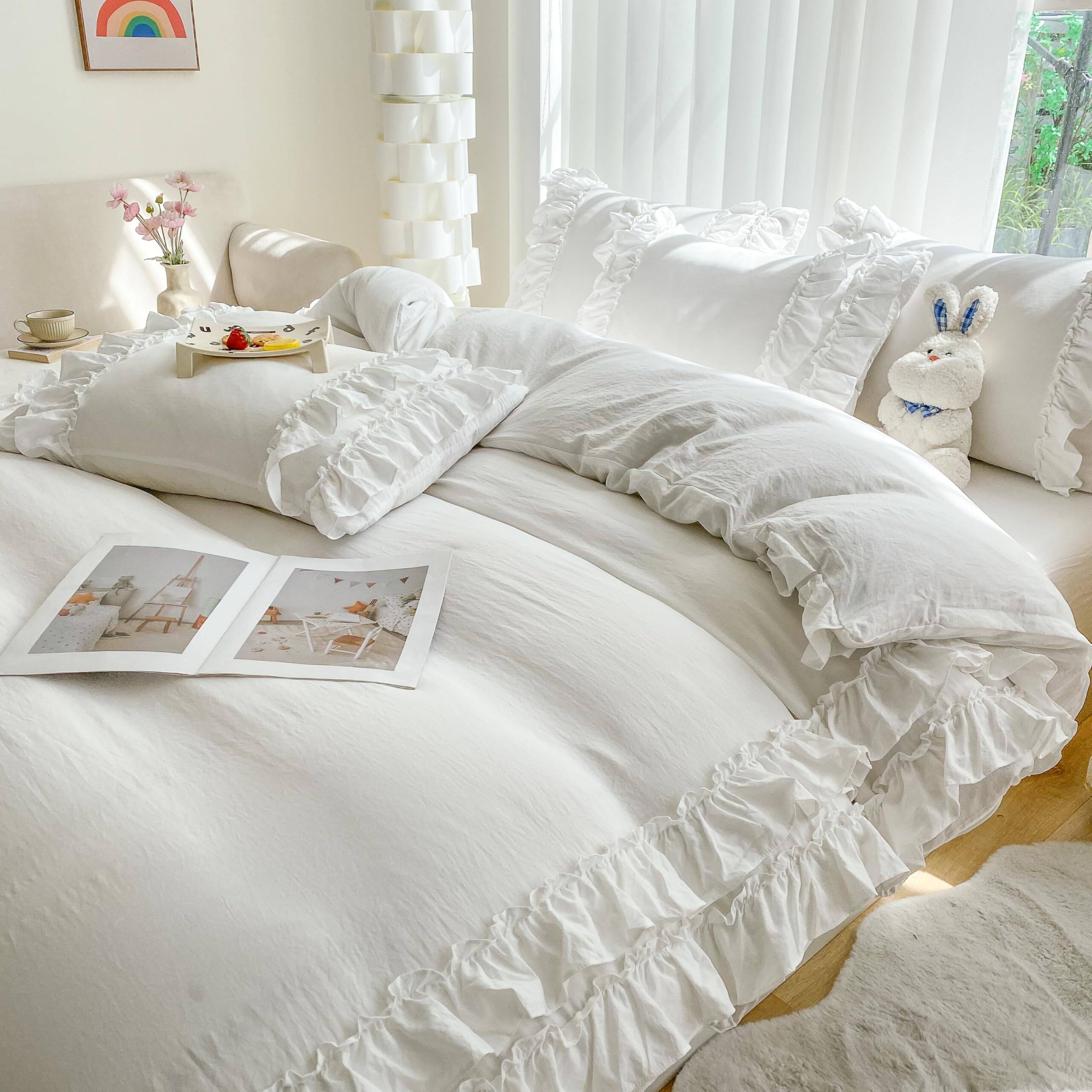 Alt View 5. Earthley Blooms - Shabby Chic 3 Pieces Bedding Vintage Ruffled Full Duvet Cover Set With 2 Layers Ruffles Soft Brushed - Solid White-Queen.