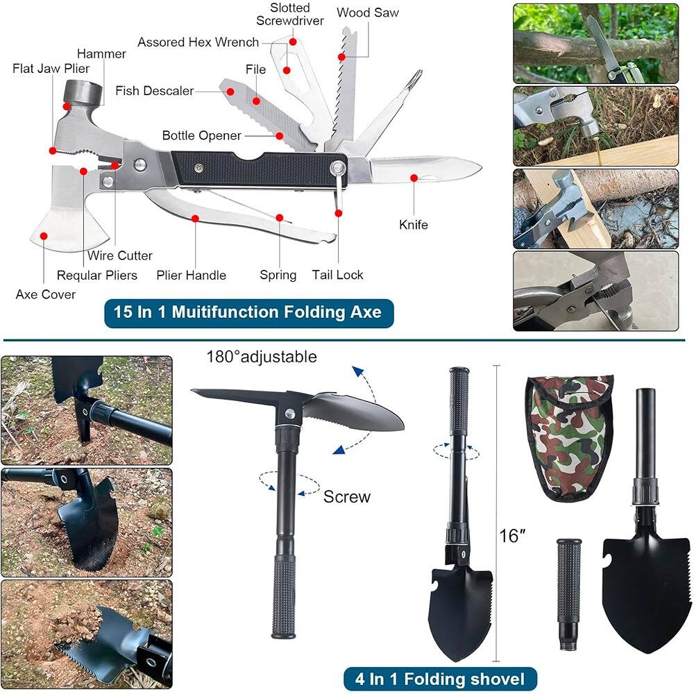 Slotted Screwdriver  
Wood Saw  
Assorted Hex Wrench  
Flat Jaw Plier  
File  
Fish Descaler  
Bottle Opener  
Knife  
Wire Cutter  
Regular Pliers  
Plier Handle  
Spring  
Tail Lock  
Axe Cover  

15 In 1 Multifunction Folding Axe  

180° adjustable Screw  

4 In 1 Folding Shovel