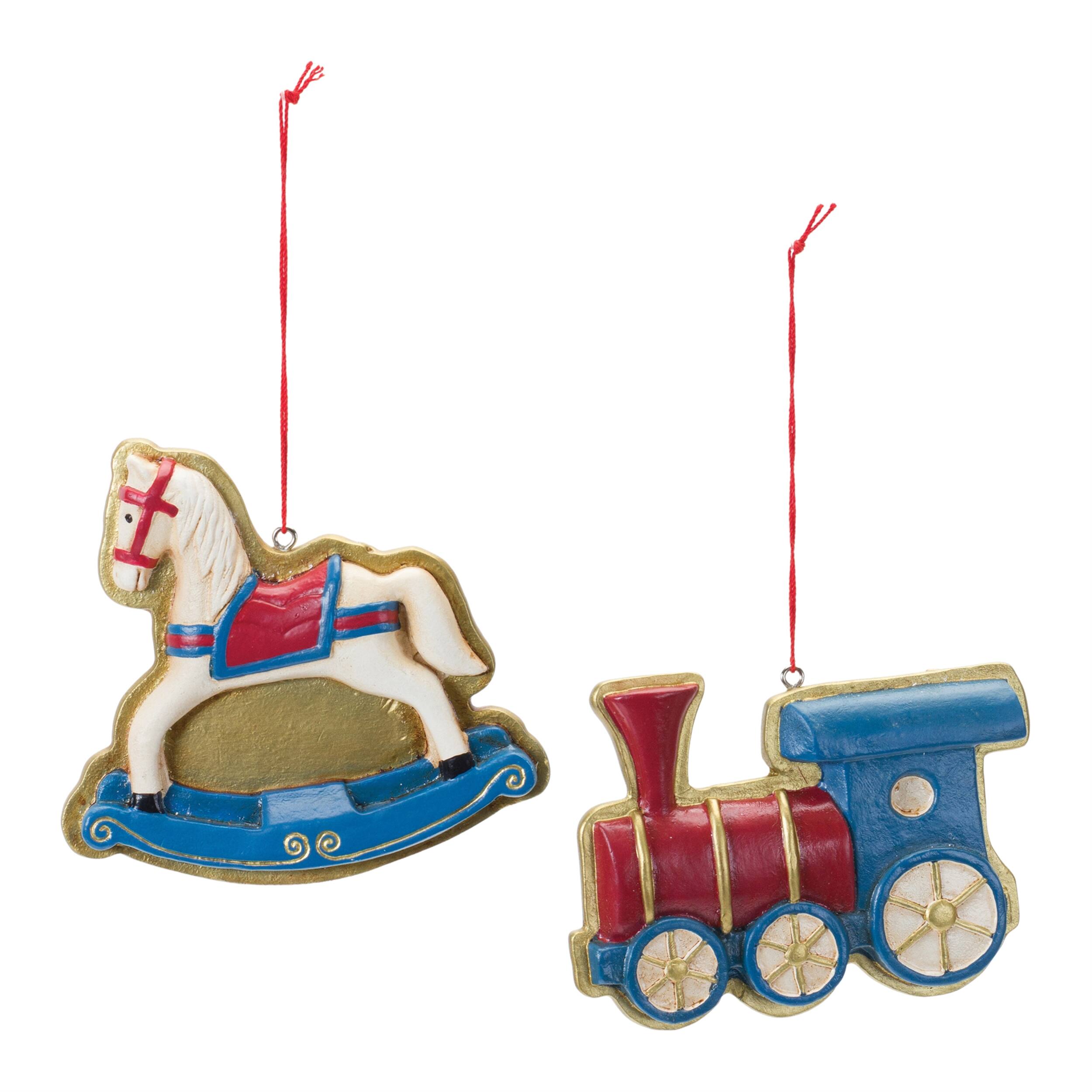 Angle. BreeBe - Rocking Horse and Toy Train Ornament (Set of 12) - Blue, Gold.