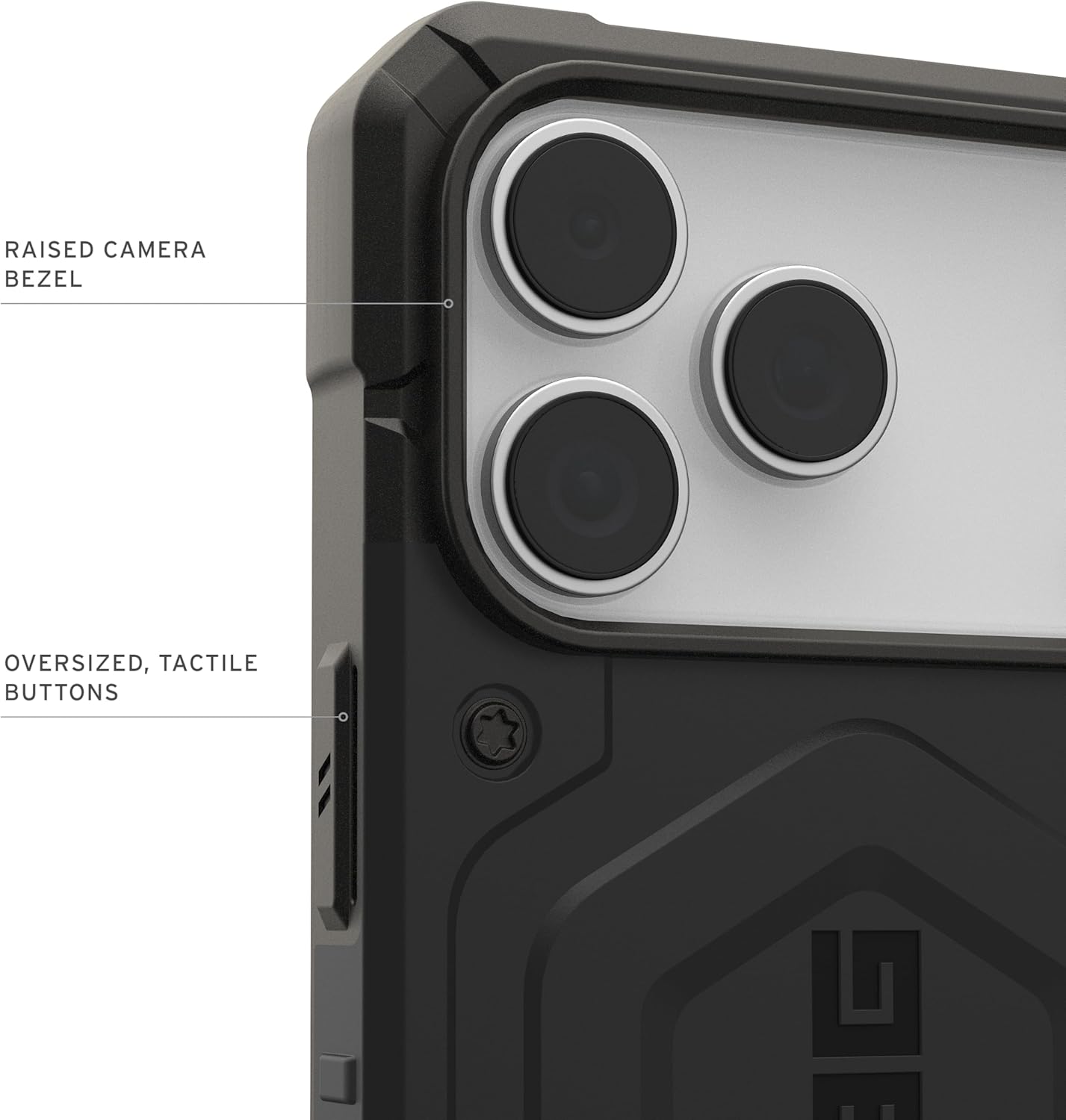 RAISED CAMERA BEZEL  
OVERSIZED, TACTILE BUTTONS