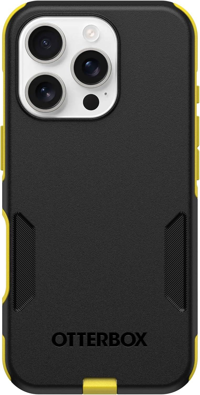 Left. OtterBox - OtterBox - Commuter Series Hard Shell for MagSafe for Apple iPhone 16 Pro - Night (Black & Yellow).