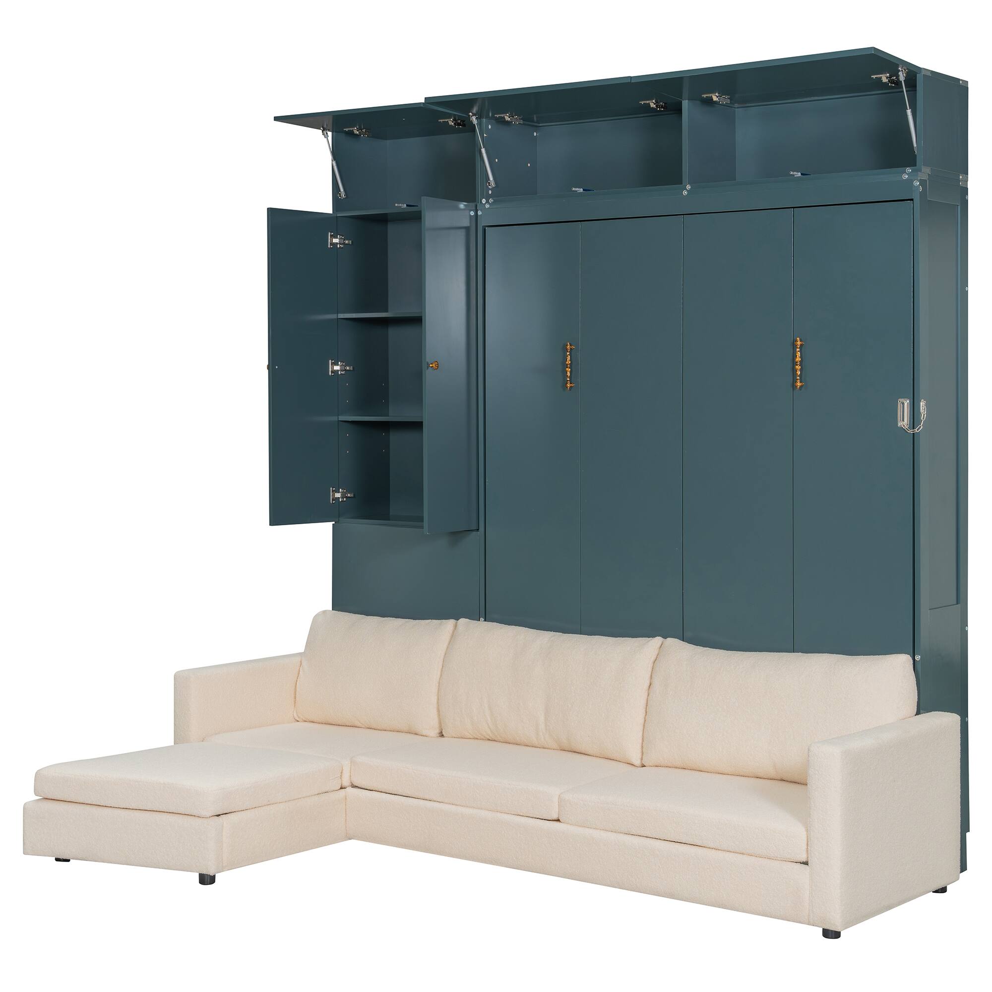 Alt View 6. Anysun - Queen Size Murphy Bed Wall Bed with Sofa and Shelves,Green Panel - Beige.