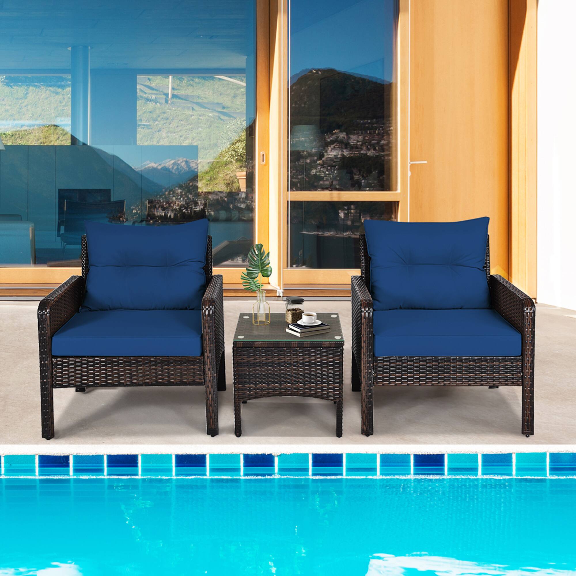 Alt View 7. Gymax - Gymax 3PCS Rattan Patio Conversation Furniture Set Yard Outdoor w/ Navy Cushions - Navy.