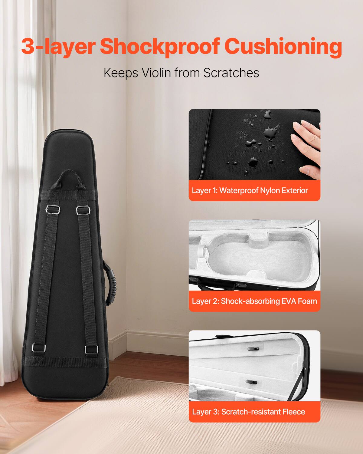 3-layer Shockproof Cushioning  
Keeps Violin from Scratches  

Layer 1: Waterproof Nylon Exterior  
Layer 2: Shock-absorbing EVA Foam  
Layer 3: Scratch-resistant Fleece