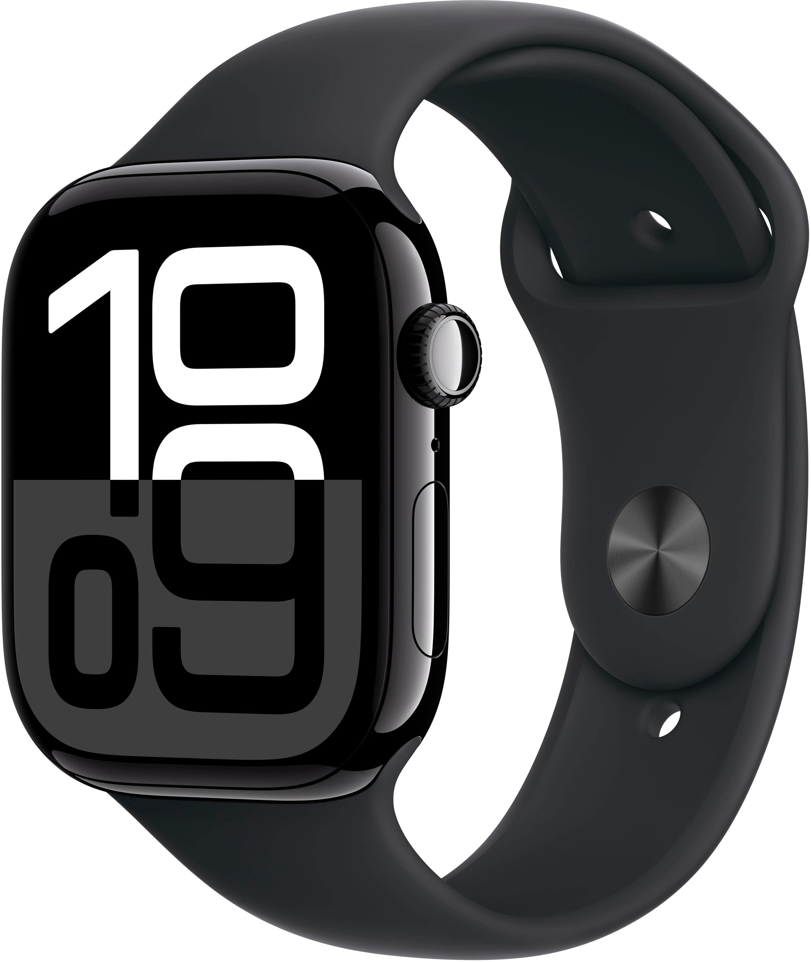 Angle. Apple - Apple Watch Series 10 (GPS) 46mm Aluminum Case with Black Sport Band - M/L - Jet Black.