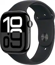 Angle. Apple - Apple Watch Series 10 (GPS) 46mm Aluminum Case with Black Sport Band - S/M - Jet Black.